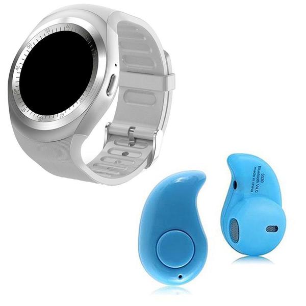 Kit 1 Relógio SmartWatch Y1 Branco + 1 Mini Fone Bluetooh Azul - Y Smart
