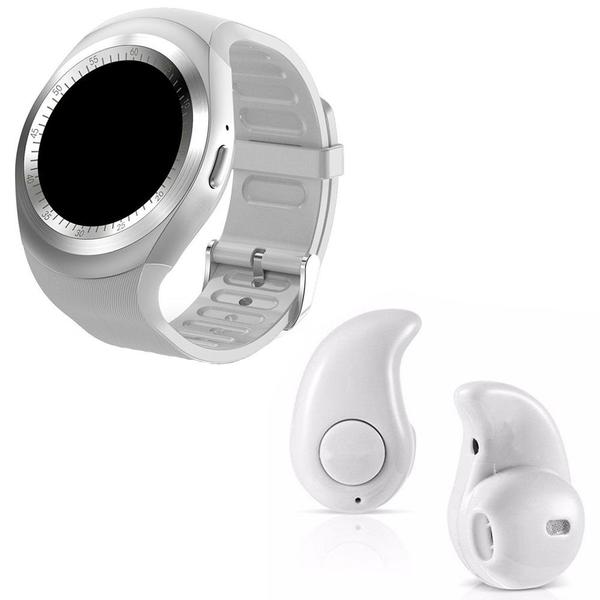 Kit 1 Relógio SmartWatch Y1 Branco + 1 Mini Fone Bluetooh Branco - Y Smart