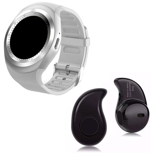 Kit 1 Relógio SmartWatch Y1 Branco + 1 Mini Fone Bluetooh Preto - Y Smart