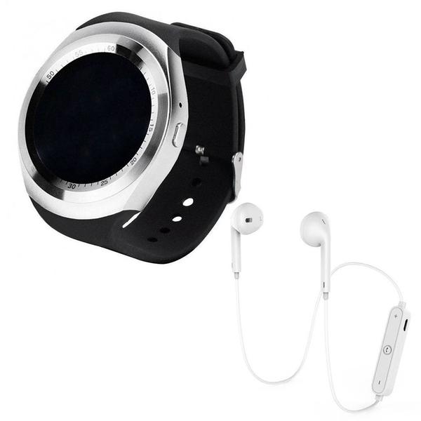 Kit 1 Relógio SmartWatch Y1 Prata + 1 Fone Bluetooh Original Branco - Y Smart