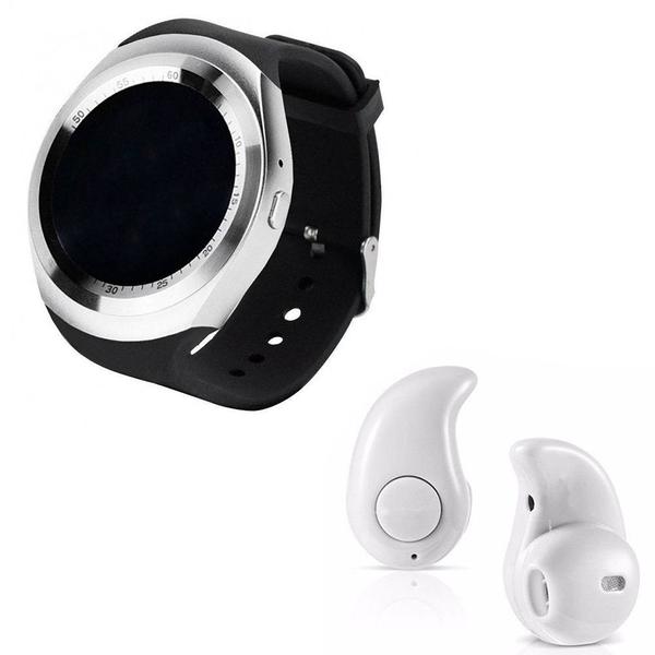 Kit 1 Relógio SmartWatch Y1 Prata + 1 Mini Fone Bluetooh Branco - Y Smart