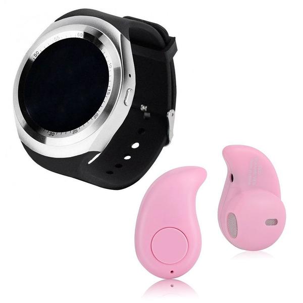 Kit 1 Relógio SmartWatch Y1 Prata + 1 Mini Fone Bluetooh Rosa - Y Smart