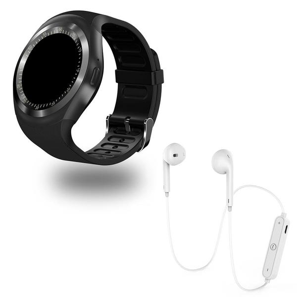 Kit 1 Relógio SmartWatch Y1 Preto + 1 Fone Bluetooh Branco - Y Smart