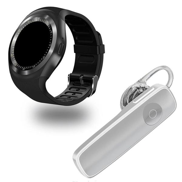 Kit 1 Relógio SmartWatch Y1 Preto + 1 Fone de Ouvido Sem Fio Bluetooth Headset Branco - Smart Bracelet