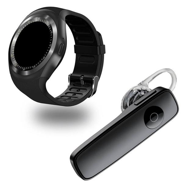 Kit 1 Relógio SmartWatch Y1 Preto + 1 Fone de Ouvido Sem Fio Bluetooth Headset Preto - Smart Bracelet