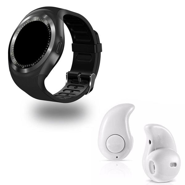 Kit 1 Relógio SmartWatch Y1 Preto + 1 Mini Fone Bluetooh Branco - Smart Bracelet