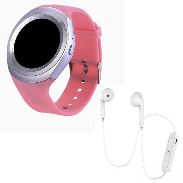 Kit 1 Relógio SmartWatch Y1 Rosa + 1 Fone Bluetooh Branco - Y Smart