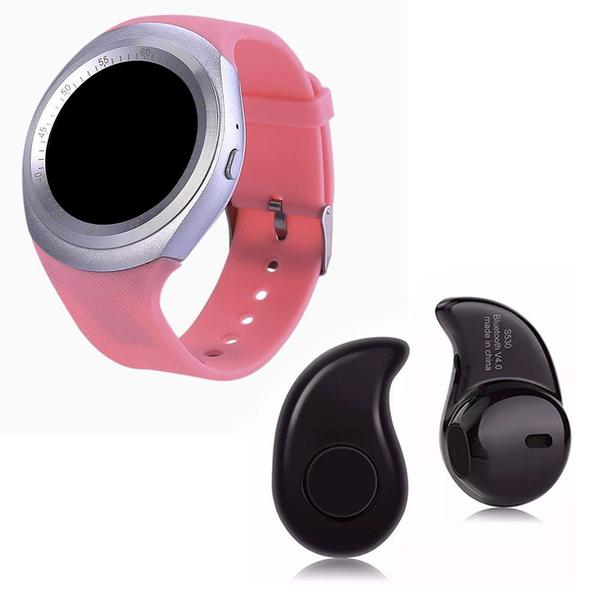 Kit 1 Relógio SmartWatch Y1 Rosa + 1 Mini Fone Bluetooh Preto - Y Smart