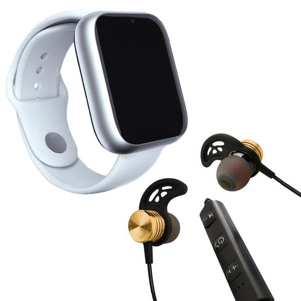 Kit 1 Relógio SmartWatch Z6 Branco + 1 Fone Sem Fio Bluetooth Magnético Dourado - Smart Bracelet