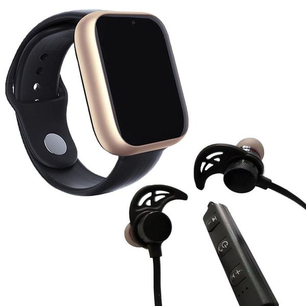 Kit 1 Relógio SmartWatch Z6 Dourado + 1 Fone Sem Fio Bluetooth Magnético Preto - Z Smart