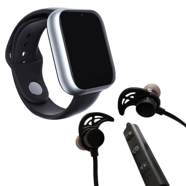 Kit 1 Relógio SmartWatch Z6 Prata + 1 Fone Sem Fio Bluetooth Magnético Preto - Smart Bracelet