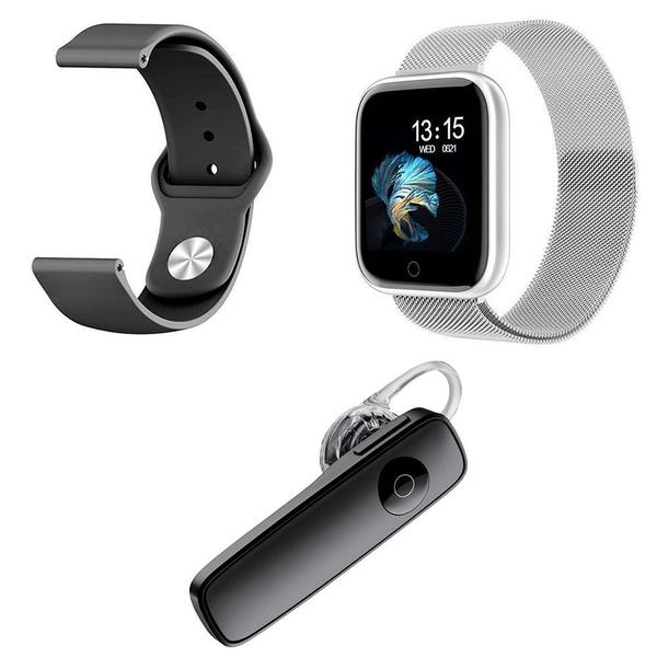 Kit 1 Smartwatch P70 Prata Android IOS + 1 Pulseira Extra + 1 Fone Bt Headset Preto - Smart Bracelet