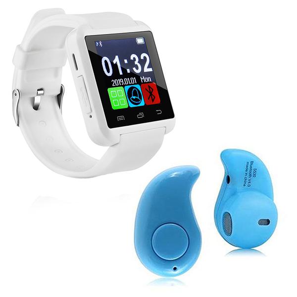 Kit 1 Smartwatch U8 Relogio Inteligente Bluetooth Ios Android Branco + 1 Mini Fone Bluetooth Azul