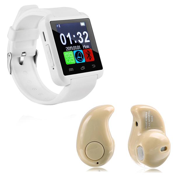 Kit 1 Smartwatch U8 Relogio Inteligente Bluetooth Ios Android Branco + 1 Mini Fone Bluetooth Marfim
