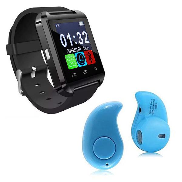 Kit 1 Smartwatch U8 Relogio Inteligente Bluetooth Ios Android Preto + 1 Mini Fone Bluetooth Azul - Smart Bracelet