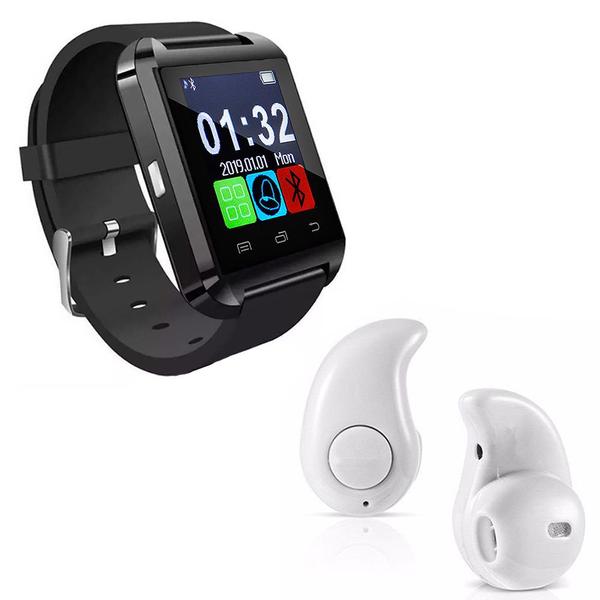 Kit 1 Smartwatch U8 Relogio Inteligente Bluetooth Ios Android Preto + 1 Mini Fone Bluetooth Branco - Smart Bracelet