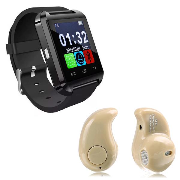 Kit 1 Smartwatch U8 Relogio Inteligente Bluetooth Ios Android Preto + 1 Mini Fone Bluetooth Marfim