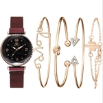 Kit 5pcs Relógio Feminino Dourado Com Pulseira Magnética + Pulseira