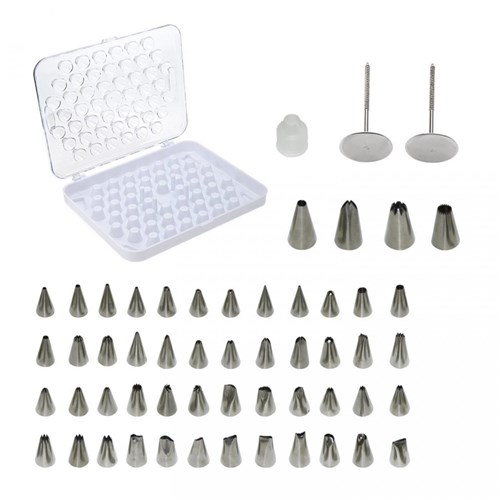 Kit com 52 Bicos de Confeitar em Inox com 01 Acoplador, 02 Bailarinas e 01 Caixa