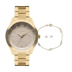 Kit Feminino Technos com Relogio Dourado Brinco e Pulseira