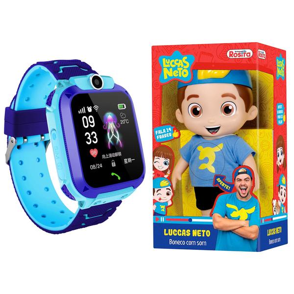 Kit Infantil Criança 1 Boneco Articulado Luccas Neto + 1 Smartwatch Relógio Inteligente Q12 Azul - Smart Bracelet