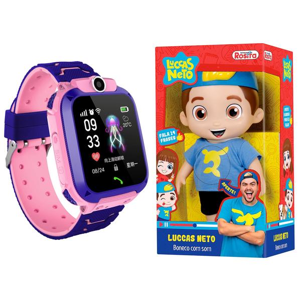 Kit Infantil Criança 1 Boneco Luccas Neto Articulado + 1 Smartwatch Relógio Inteligente Q12 Rosa - Smart Bracelet