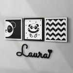 Kit Infantil 3 Quadros Panda + Nome Personalizado