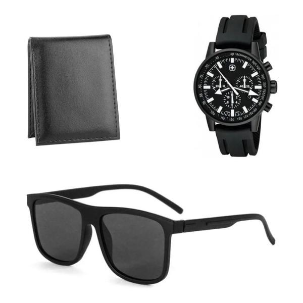 Kit Masculino Relógio Preto + Carteira Slim + Óculos Moderno - Vkg