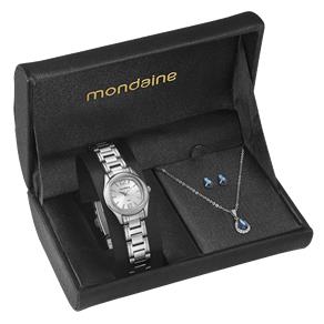 Kit Mondaine Feminino 94651L0MVNE2K Relógio Clássico + Par de Brincos Cristal Azul + Cordão Pingente Cristal Azul Strass