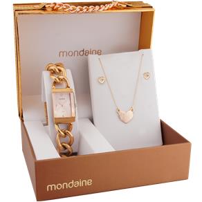 Kit Mondaine: Relógio Mondaine Feminino 94331LPMNRB4K + Gargantilha Rosê Pingente de Coração + Par de Brincos Rosê Coração