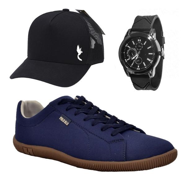 Kit Polo Blu Sapatenis Casual Azul Acompanha Boné e Relógio