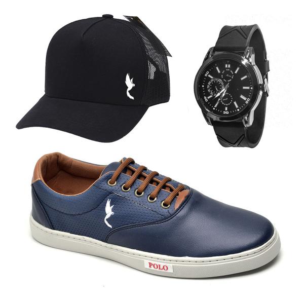 Kit Polo Blu Sapatênis Casual Azul Acompanha Boné e Relógio