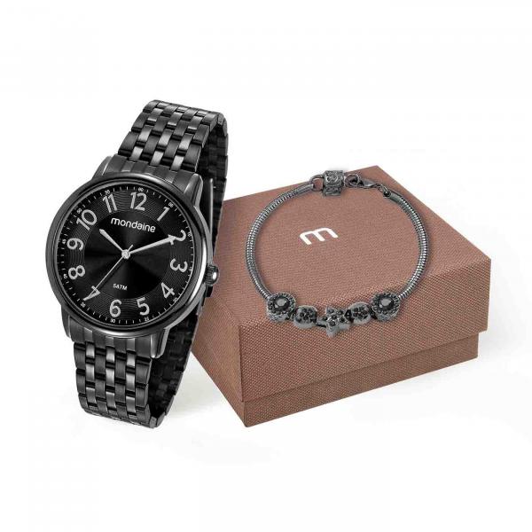 Kit Relógio Analógico Mondaine Feminino Aço Preto + Pulseira com Berloques Preto