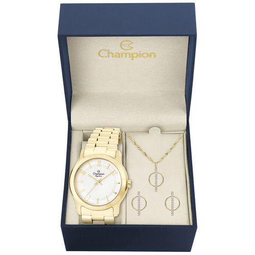 Kit Relógio Champion Dourado Feminino Cn25047w + Brincos e Colar