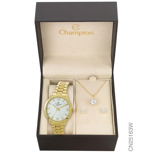 Kit Relógio Champion Dourado Feminino Cn25163w + Brincos e Colar