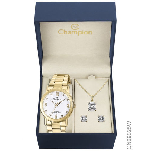 Kit Relógio Champion Dourado Feminino Cn29025w + Brincos e Colar