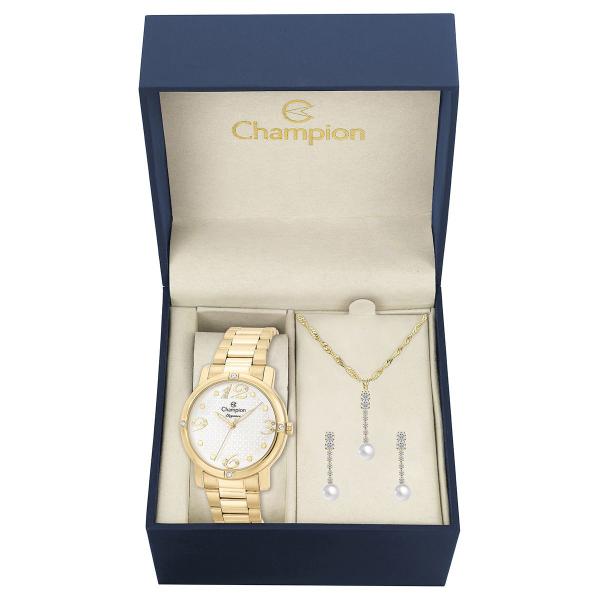 Kit Relogio Champion Feminino Analogico Dourado CN27634W + Brinco e Colar