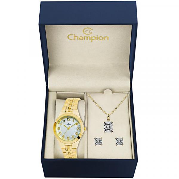 Kit Relógio Champion Feminino com Ponteiros e Pulseira Dourada - CN20426W