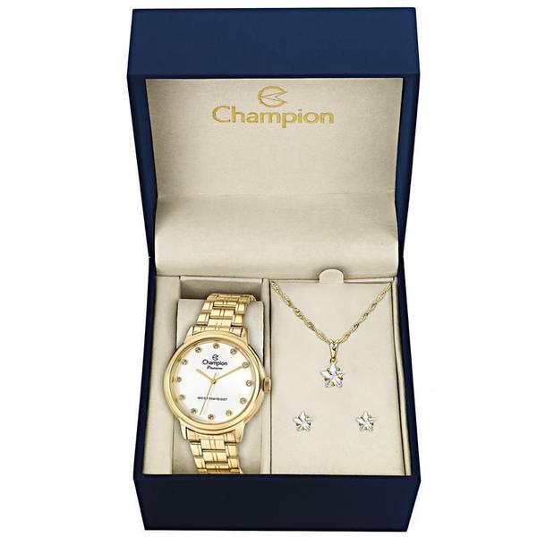 Kit Relógio Champion Feminino Dourada Números com Diamante - CN29874W