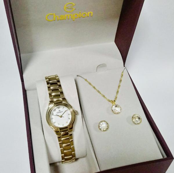 Kit Relógio Champion Feminino Dourado CH29030W (branco)