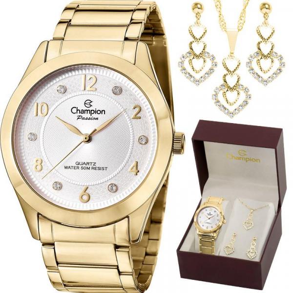 Kit Relógio Champion Feminino Dourado com Colar e Brincos CN29230D