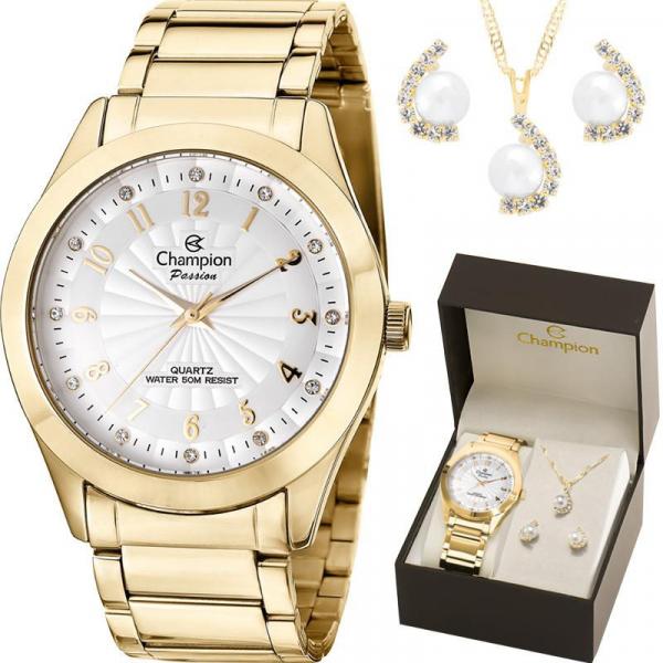 Kit Relógio Champion Feminino Dourado com Colar e Brincos CN29409D