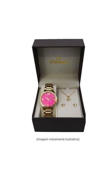 Kit Relogio Champion Feminino Dourado e Rosa + Brincos CN26055J