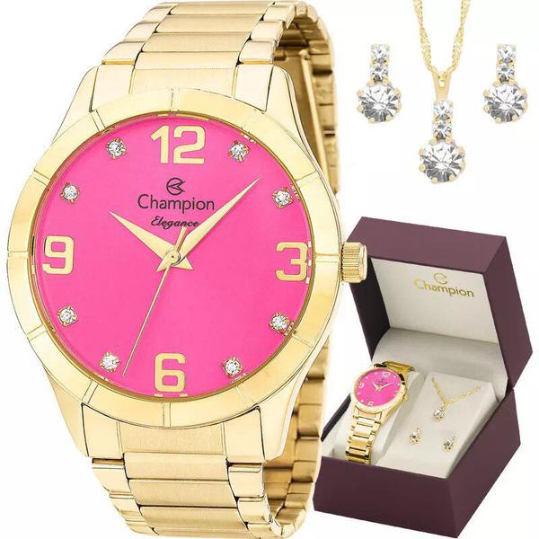 Kit Relogio Champion Feminino Dourado e Rosa + Brincos CN26055J