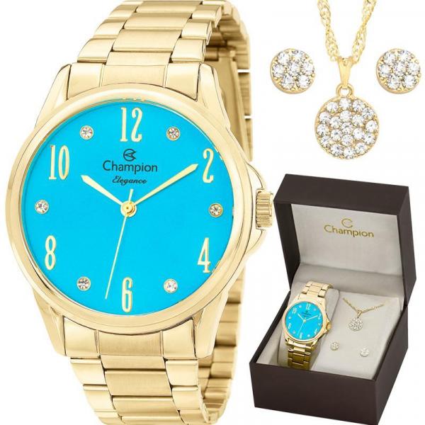 Kit Relógio Champion Feminino Dourado Elegance com Colar e Brincos CN26242Y