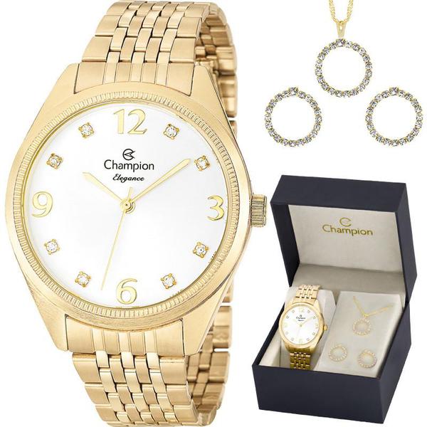 Kit Relógio Champion Feminino Dourado Elegance com Colar e Brincos CN26251W