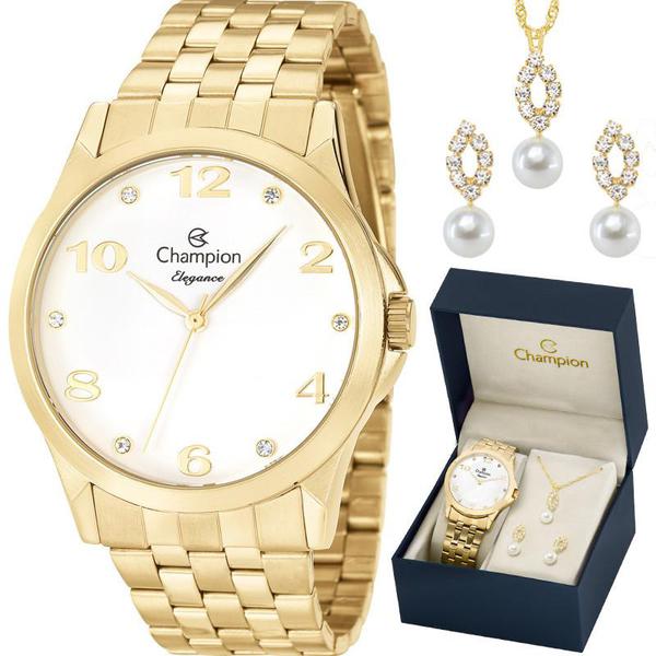 Kit Relógio Champion Feminino Dourado Elegance com Colar e Brincos CN26260W