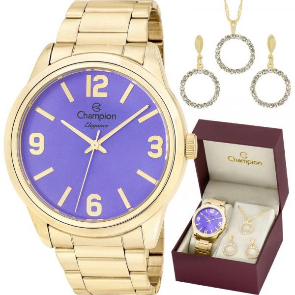Kit Relógio Champion Feminino Dourado Elegance com Colar e Brincos CN27232O