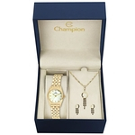 Kit Relógio Champion Feminino Dourado Redondo fundo Prata - CH26766W