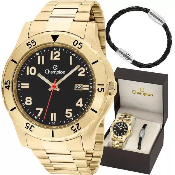 Kit Relogio Champion Masculino Dourado e Preto com Pulseira Ca31524x